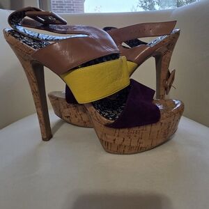 Jessica Simpson Tan, Yellow, and Purple Platform Heels